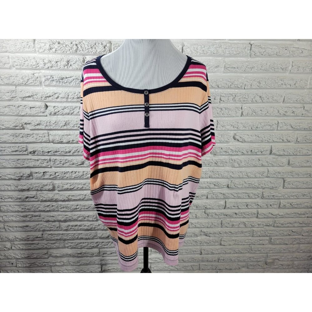 Croft Barrow Womens Top 2X Plus Tee Short‎ Sleeve Pink Stripe Knit STR16E